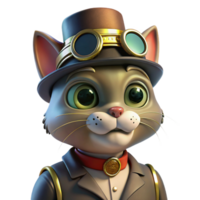 serene creative A portrait of a steampunk cat wearing a tiny top hat and goggles, with a mischievous expression, lit by a soft, diffused light original png