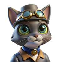 beautiful vintage A portrait of a steampunk cat wearing a tiny top hat and goggles, with a mischievous expression, lit by a soft, diffused light 4K png
