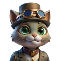 extraordinary artistic A portrait of a steampunk cat wearing a tiny top hat and goggles, with a mischievous expression, lit by a soft, diffused light 4K png
