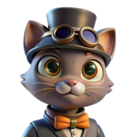 impressive modern A portrait of a steampunk cat wearing a tiny top hat and goggles, with a mischievous expression, lit by a soft, diffused light authentic png