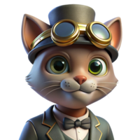 vibrant creative A portrait of a steampunk cat wearing a tiny top hat and goggles, with a mischievous expression, lit by a soft, diffused light high resolution png