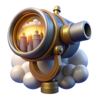 beautiful modern A view through a steampunk telescope showing a distant city in the clouds, illuminated by a bright, otherworldly light high resolution png