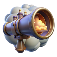 vibrant minimalist A view through a steampunk telescope showing a distant city in the clouds, illuminated by a bright, otherworldly light premium png