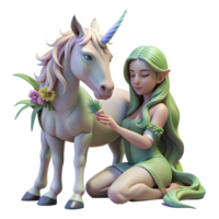 dramatic classic A serene dryad tending to a wounded unicorn, soft sunlight, fantasy art style original png