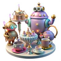 impressive abstract A whimsical steampunk tea party with robotic guests and elaborate pastries, illuminated by soft, colorful fairy lights high resolution png