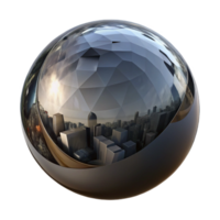 serene contemporary A single, perfect sphere of polished obsidian reflecting a distorted, fragmented cityscape, under a soft, ethereal light professional png