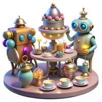 vibrant traditional A whimsical steampunk tea party with robotic guests and elaborate pastries, illuminated by soft, colorful fairy lights high resolution png