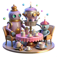 beautiful modern A whimsical steampunk tea party with robotic guests and elaborate pastries, illuminated by soft, colorful fairy lights professional png