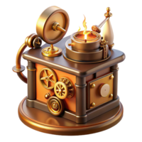 wonderful artistic A close-up of a steampunk music box playing a melancholic melody, intricate gears and tiny figures, illuminated by a warm candlelight 4K png