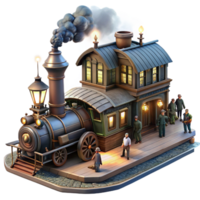 serene modern A bustling steampunk train station with steam billowing and people rushing, illuminated by gas lamps and the headlights of the train original png