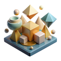 serene rustic A field of geometric shapes, cubes and pyramids, floating in a zero-gravity environment, lit by a single, directional light source detailed png