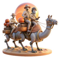 elegant creative A group of steampunk explorers on a mechanical ostrich, racing across a desert landscape, illuminated by the setting sun original png