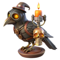 magnificent minimalist A steampunk automaton in the shape of a raven, perched on a skull, illuminated by a flickering candle premium png