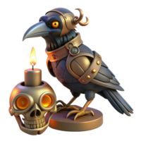 dramatic minimalist A steampunk automaton in the shape of a raven, perched on a skull, illuminated by a flickering candle 4K png