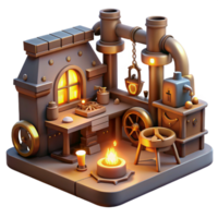 dramatic classic A steampunk workshop filled with tools, gadgets, and half-finished inventions, illuminated by the warm glow of lamps and the flickering light of a forge 4K png