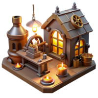 extraordinary contemporary A steampunk workshop filled with tools, gadgets, and half-finished inventions, illuminated by the warm glow of lamps and the flickering light of a forge detailed png