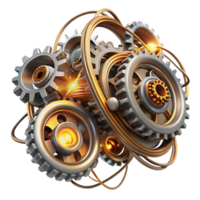 serene artistic A chaotic jumble of metallic gears and cogs, intertwined with glowing wires, in a steampunk style with dramatic lighting professional png