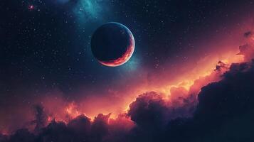A celestial body hovers in the cosmos, illuminated by vibrant nebulae and starlight, set against a backdrop of ethereal clouds. photo