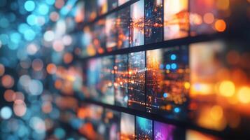 Abstract cityscapes shimmer across a grid of screens, blending into soft blue and orange bokeh lights in a vibrant tech display. photo