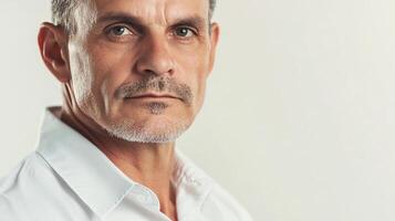 Close-up portrait of a man with salt and pepper hair. He is wearing a white shirt, against a light background. Professional attire. photo