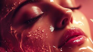 Close-up of a woman's face, partially submerged in water. The water droplets create a shimmering effect on her skin, creating a serene scene. photo
