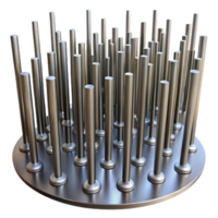 extraordinary modern A field of tall, slender, metal rods, vibrating at different frequencies, visualized as blurred lines, under a dim, industrial light genuine png