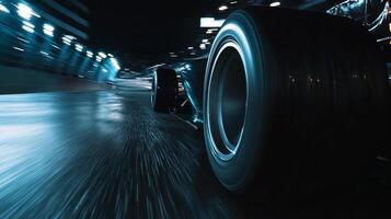 Sleek race car blurs through a tunnel at high velocity, captured with dynamic motion and dramatic lighting highlighting speed and technology. photo