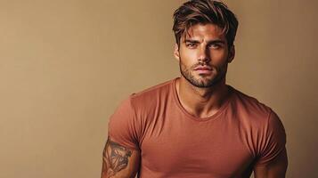 Portrait of a handsome man with a confident gaze, sporting a casual tee and subtle stubble against a neutral backdrop. photo