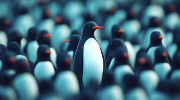 A vibrant illustration portrays a single penguin standing out from a blurred crowd, symbolizing individuality and strength. photo