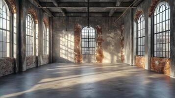 Spacious room with large arched windows and exposed brick walls, illuminated by sunlight streaming through the windows, creating shadows on the floor. photo