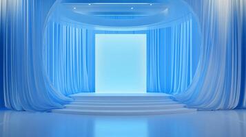 A serene and softly lit stage is framed by delicate blue curtains, creating a calming and inviting space for presentations or performances. photo