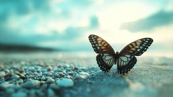 A butterfly is the beauty of the nature and stands peacefully on a sandy beach enjoying the ocean view on a cloudy day. photo