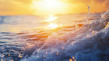 Ocean wave cresting at sunset, shimmering in the golden light, with droplets of water sparkling as the wave breaks toward the shore. photo