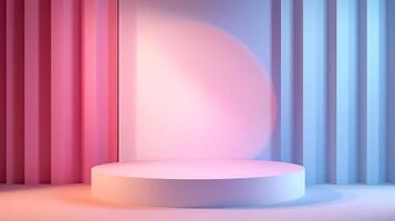 Minimalist product stage showcasing a round platform illuminated with pink and blue gradient lighting against a backdrop of vertical stripes. photo