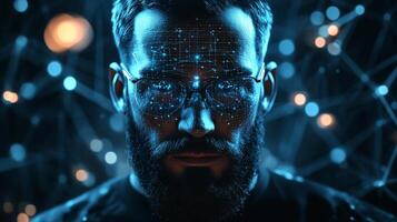 Futuristic portrait of a man with glasses and digital overlay. The image depicts a blend of technology and the human form. Cool tones. photo