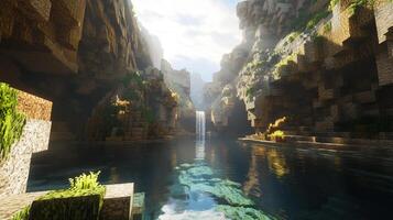 Serene landscape of a stone canyon with a waterfall, plants, and a crystal-clear river, bathed in soft sunlight, creating a tranquil oasis. photo