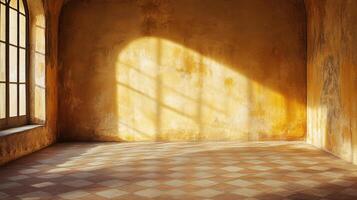 Sunlight streams through a window onto a checkered floor in an old room, creating shadows on the textured walls. Warm, inviting light photo