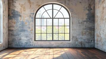Light streams through a large arched window, illuminating an empty room with distressed walls and a wooden floor, creating a serene atmosphere. photo