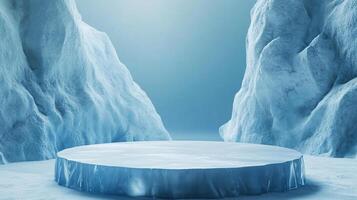 Icy pedestal against a frosty backdrop, ideal for showcasing a product or design in a crisp, cool setting. Perfect presentation stage. photo