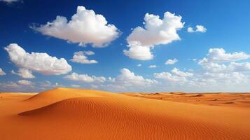 Expansive desert dunes under a vibrant blue sky dotted with fluffy white clouds, evoking a sense of vastness and serenity. photo