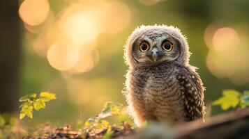 A curious young owl with large eyes, gazing intently in a sunlit forest. The animal is standing on the ground. photo
