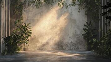 Rustic wall with plants evokes calm, natural space bathed in soft light. A serene blend of nature and textures creates an inviting atmosphere. photo