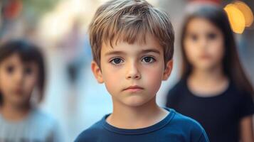 Young boy with a thoughtful expression standing outdoors in front of blurry figures, capturing a moment of childhood introspection. photo