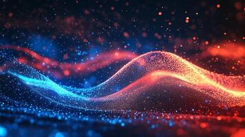 Abstract flowing particles with red and blue glowing lights. Suggestive of energy, data, and motion in a vibrant, dynamic design. photo