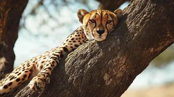 Cheetah resting on a branch. The big cat is relaxing in the shade of a tree on a hot day in its natural habitat. photo