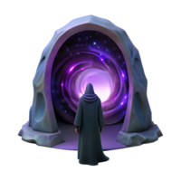 serene minimalist A lone figure, cloaked in shadows, standing before a giant portal swirling with cosmic energy. Dark, mysterious style authentic png