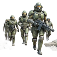 dramatic creative A group of genetically engineered soldiers, wearing advanced power armor, marching through a war-torn city. Gritty, realistic style high resolution png