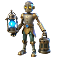 wonderful rustic A lone steampunk cyborg, intricate clockwork limbs, glowing blue eyes, standing in a dusty attic, dimly lit by a single oil lamp high quality png
