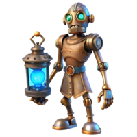 extraordinary abstract A lone steampunk cyborg, intricate clockwork limbs, glowing blue eyes, standing in a dusty attic, dimly lit by a single oil lamp exclusive png