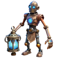 serene minimalist A lone steampunk cyborg, intricate clockwork limbs, glowing blue eyes, standing in a dusty attic, dimly lit by a single oil lamp professional png